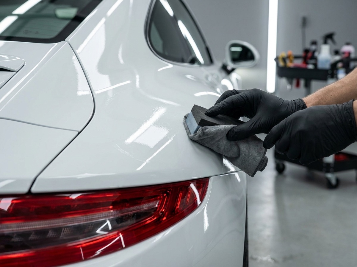 Ceramic coating being applied to a car panel