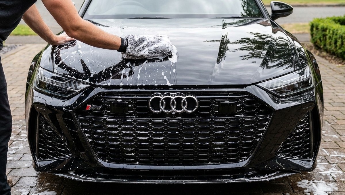 Hand-washing the hood of a car during a mobile detail