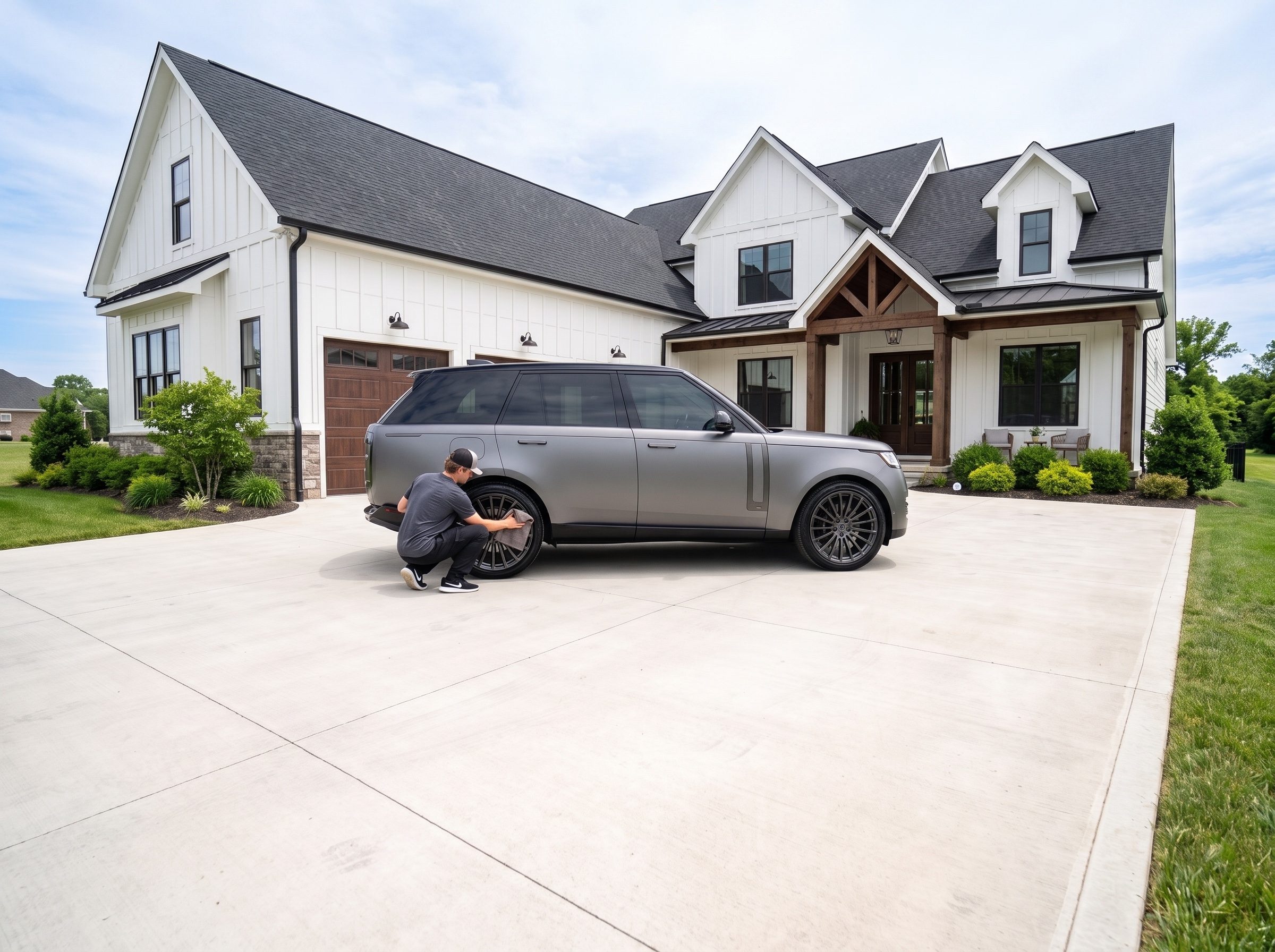 Detailer wiping down a matte gray Range Rover in a Northern Colorado driveway