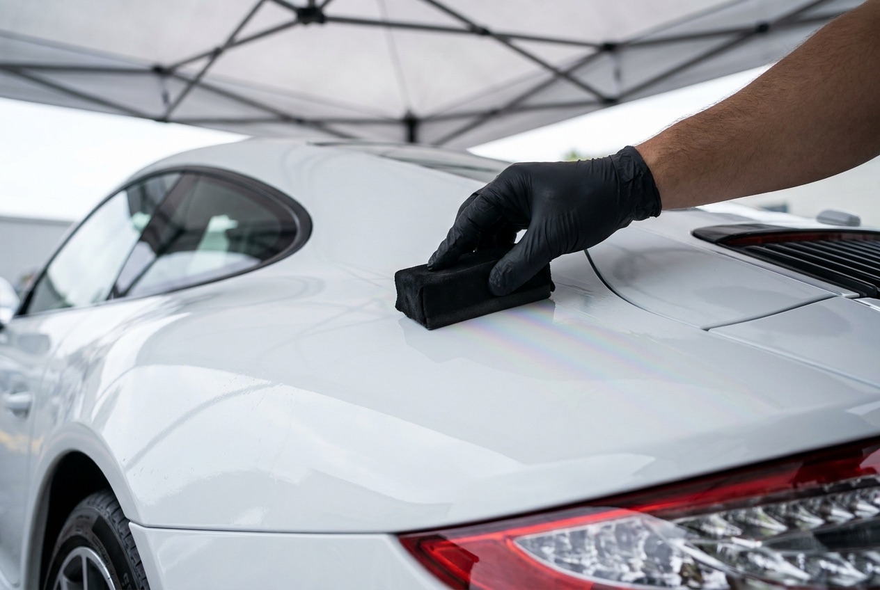 Gloved detailer applying ceramic coating to a white Porsche 911 under a canopy
