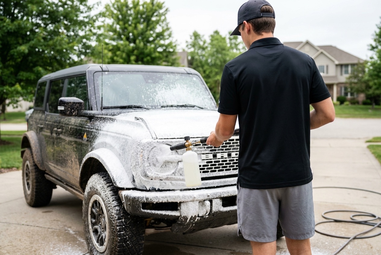Detailer foaming down a black Ford Bronco in a driveway