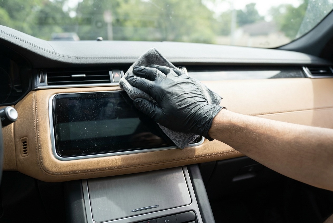 Gloved detailer wiping down a leather dashboard during a mobile interior detail
