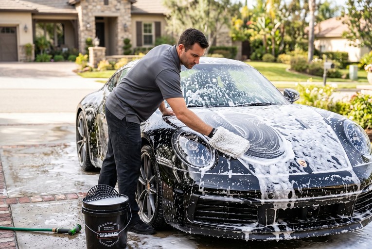 Detailer hand washing a vehicle in a driveway