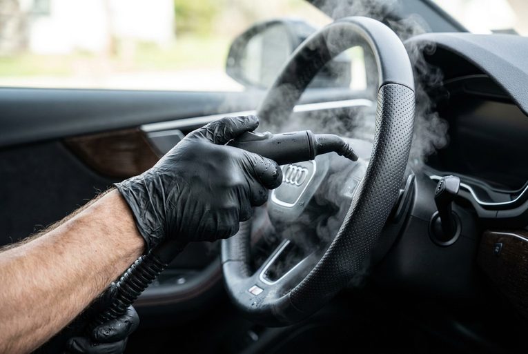 Gloved detailer steam cleaning an Audi steering wheel