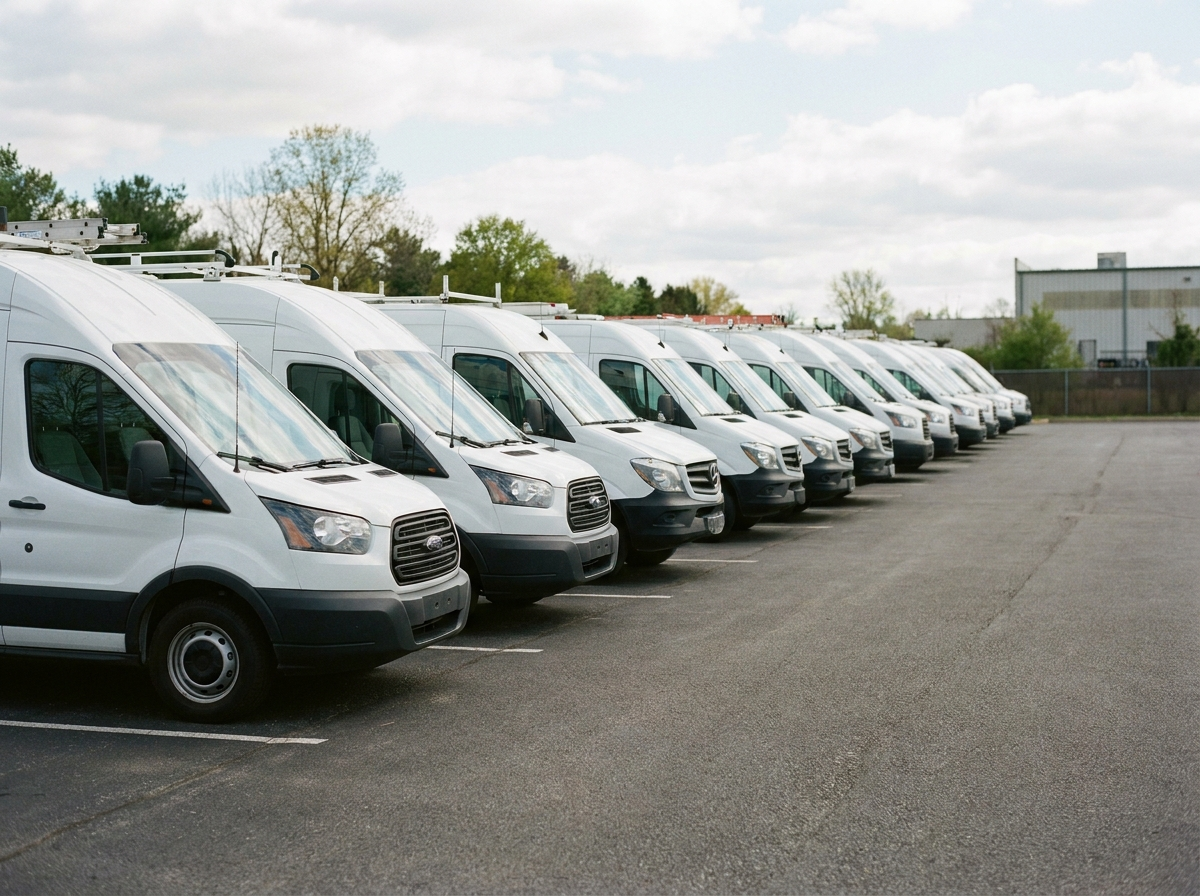 A fleet of white work vans parked in a row in a lot