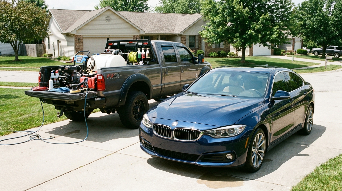 A detailing truck behind a car being cleaned in a driveway