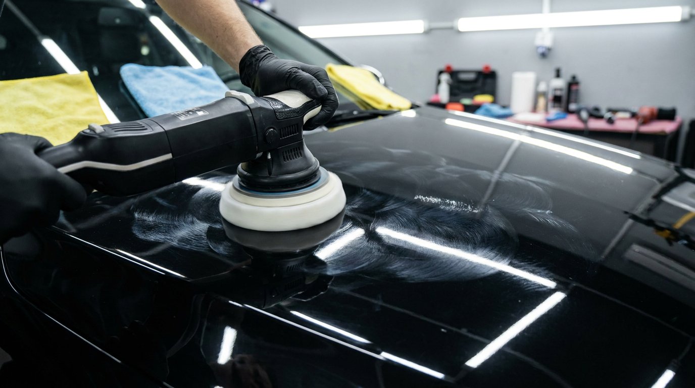 Machine polishing a glossy black car panel