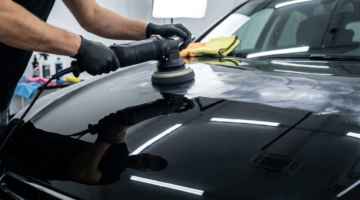 Detailer machine polishing the hood of a black car