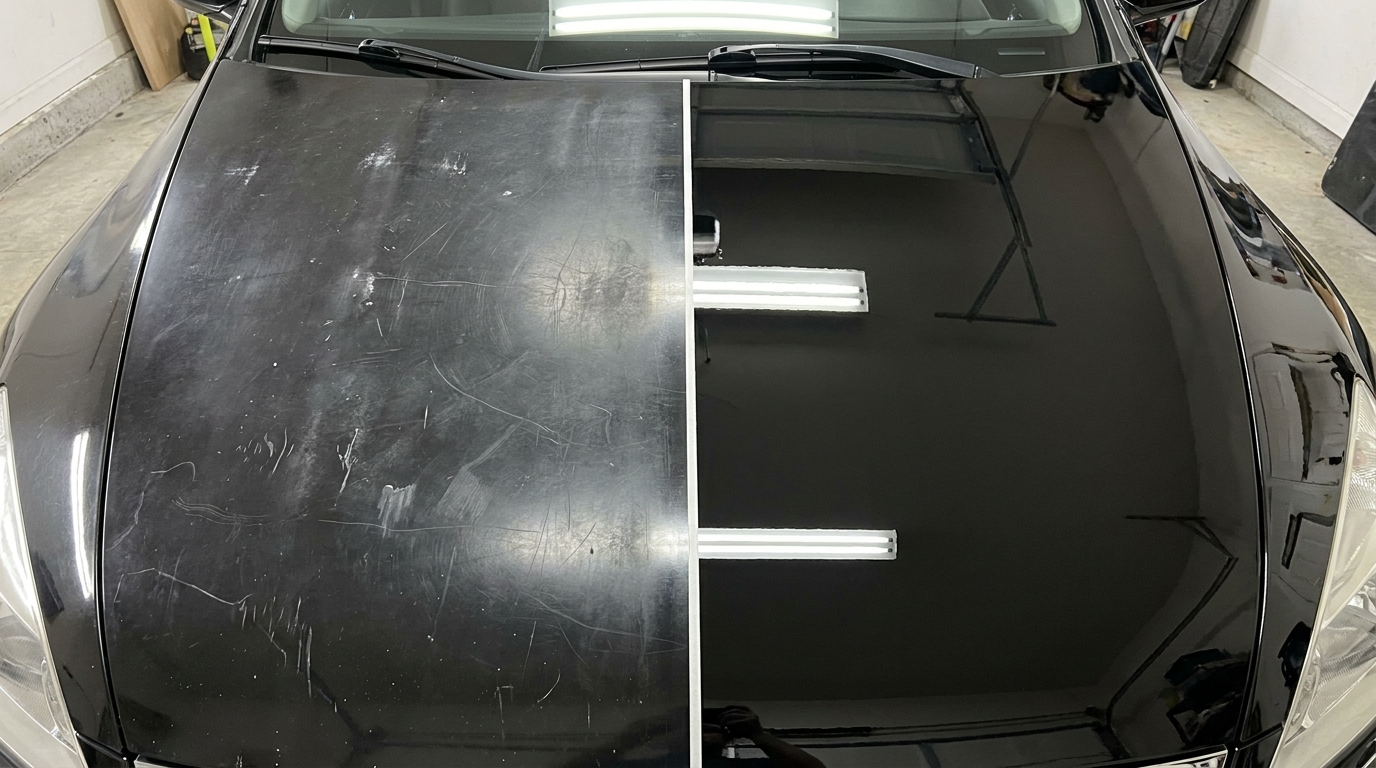 Before and after split of a car hood: heavy scratches on one side, flawless gloss on the other